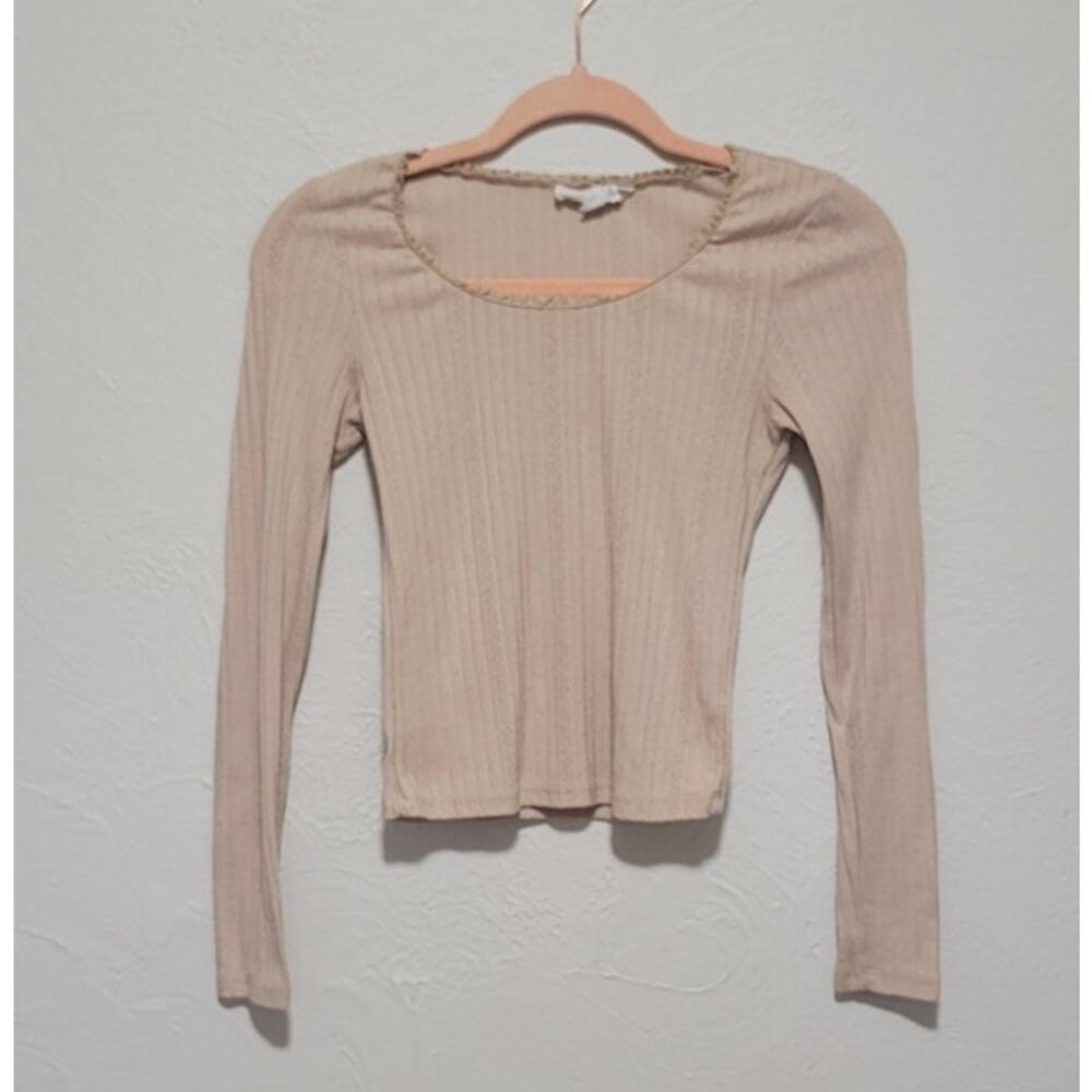 Wild Skye Women's XS Ribbed Long-Sleeve Lace Like Trim Scooped Neckline